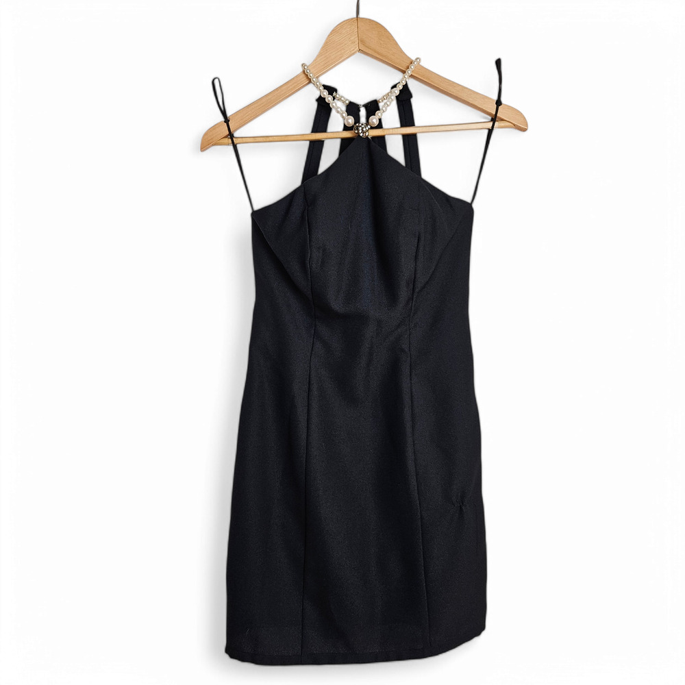 Vintage Bari Jay Black Mini Cocktail Dress Size 3-4  Pearl Rhinestone Neckline